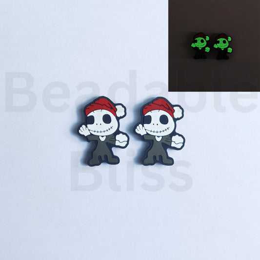 Luminous Skeleton Couple with Red Christmas Hat Silicone Focal Beads