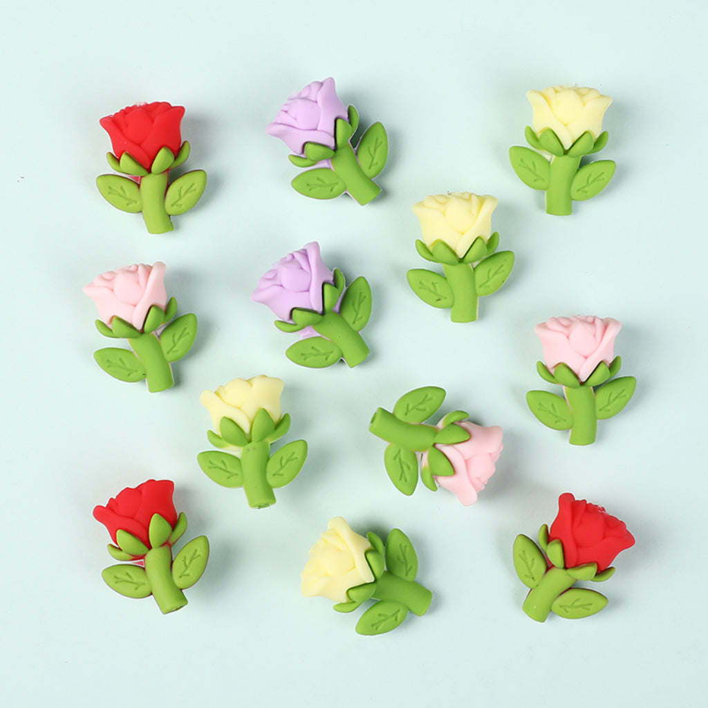3D Rose Flower Silicone Focal Beads – Cute Multicolor Design in Red, Purple, Pink & Yellow