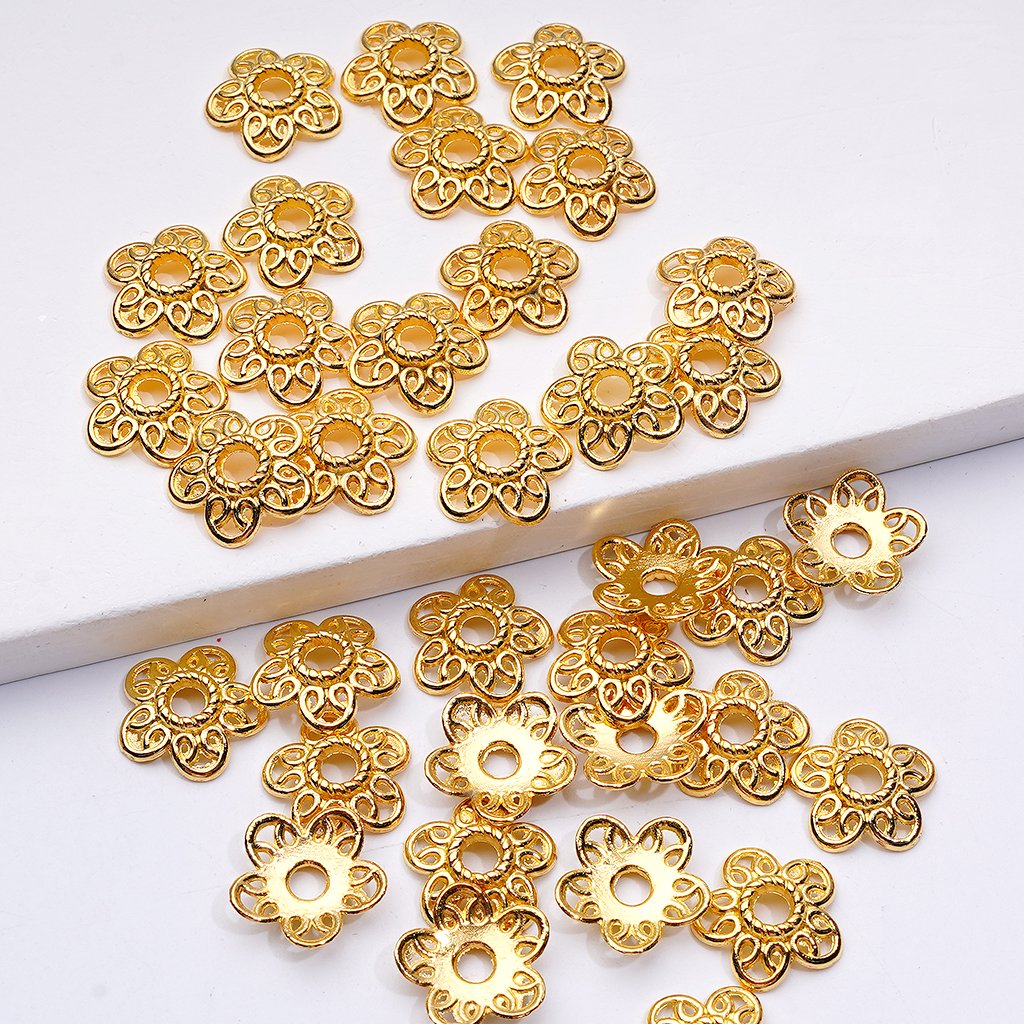 Gold and Silver Alloy Bead Cap Cage with Floral Five-Petal Design, 12MM