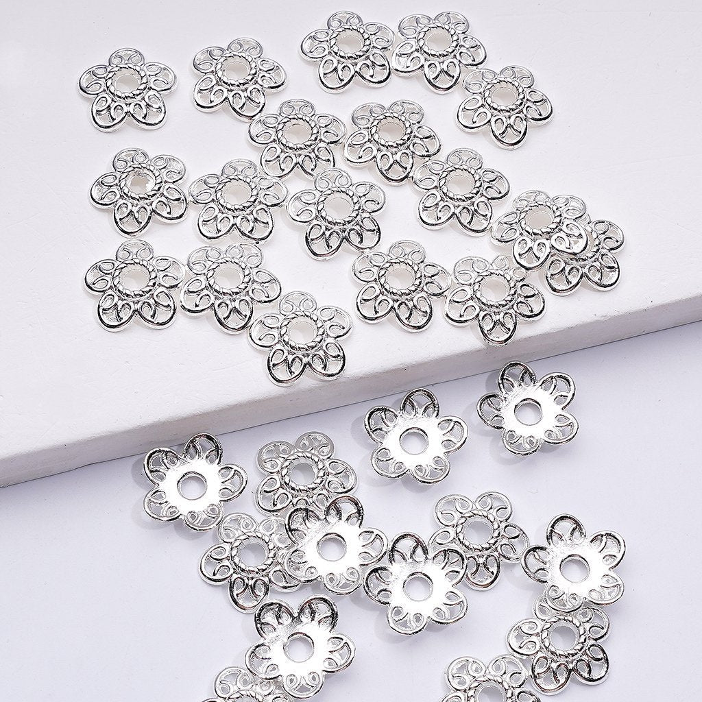 Gold and Silver Alloy Bead Cap Cage with Floral Five-Petal Design, 12MM
