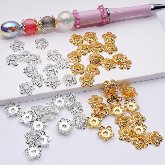 Gold and Silver Alloy Bead Cap Cage with Floral Five-Petal Design, 12MM
