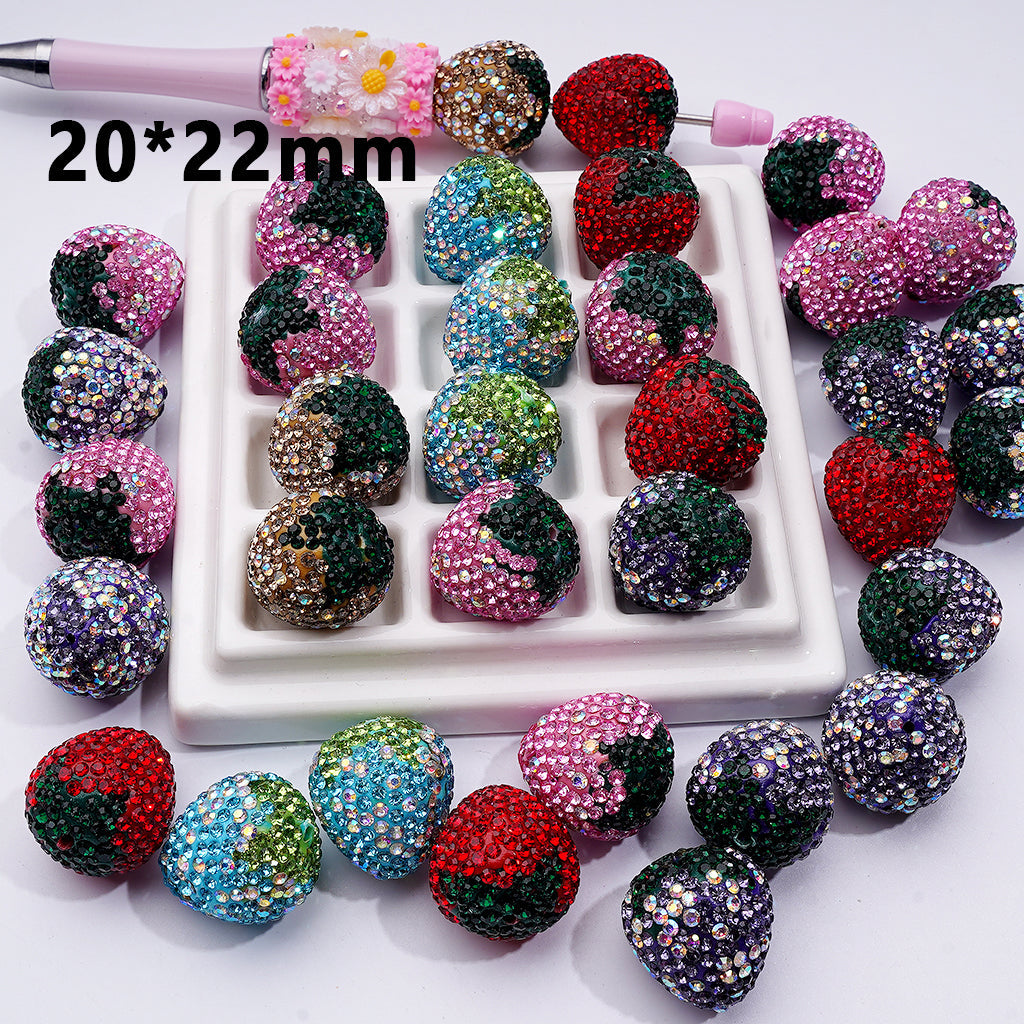 Clay Beads in Strawberry Shape with Rhinestones, 20mm x 22mm