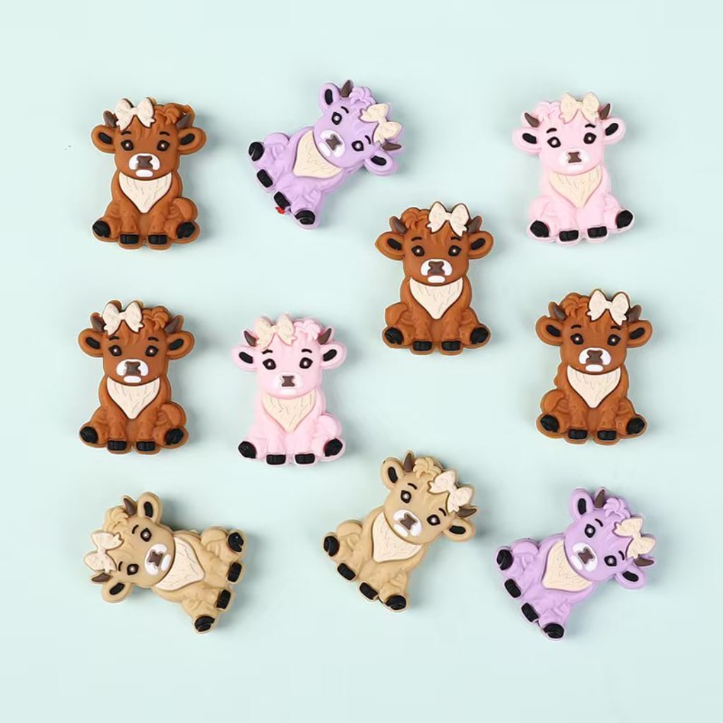 Highland Cow Silicone Focal Beads Cute Design with Bowknots & Farm Animal Theme