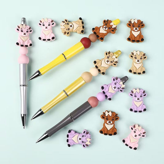 Highland Cow Silicone Focal Beads Cute Design with Bowknots & Farm Animal Theme