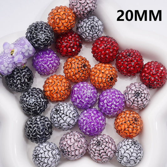 Black White Spider Web Stripes Clear Rhinestones Round Acrylic Beads in Solid Color, 20MM