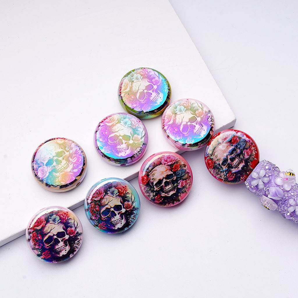 UC Coating Heads Spooky Skeleton Flowers Flat Round Acrylic Beads, 24MM