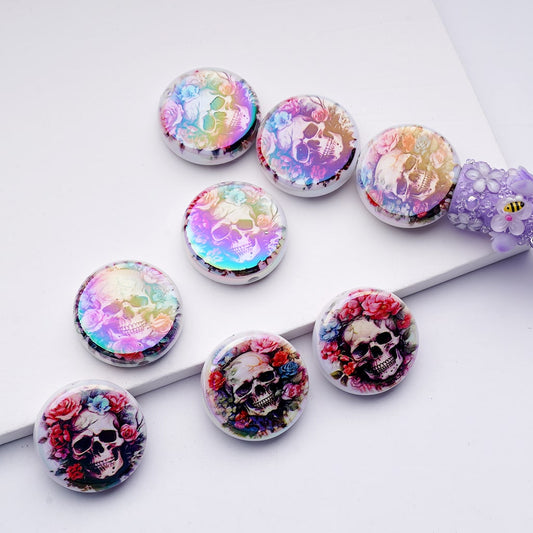 UC Coating White Skull Heads Horror Skeleton Flowers Flat Round Acrylic Beads, 24MM