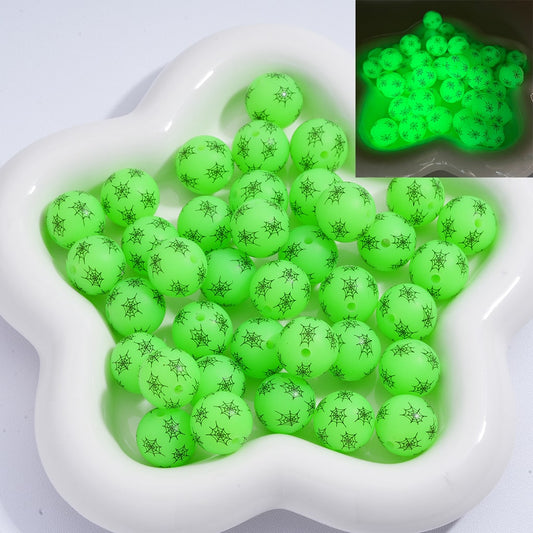 Round Printed Luminous Spider Net Pattern Green Silicone Beads 15mm, Number Z-48