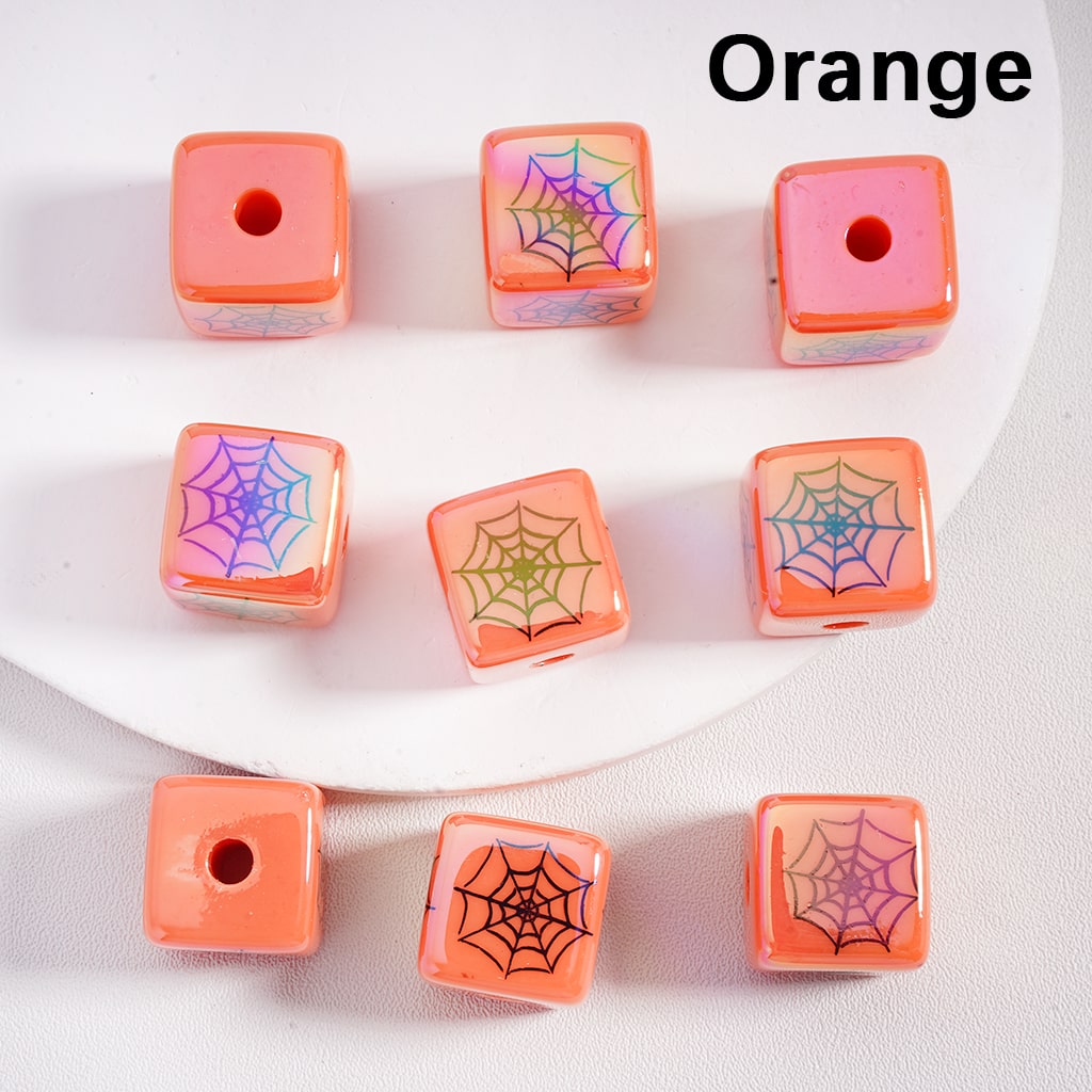 Orange UV Coating Square Cube Acrylic Beads with Spider Net Print, 15MM
