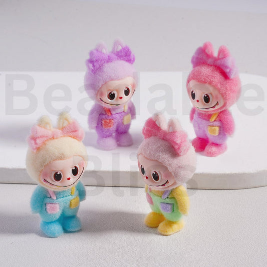 Flocked Labub in Suspender Trousers Overalls with Bowknots Cute Acrylic Beads Pen Toppers Pendants Jewelry Accessories, 50*24MM