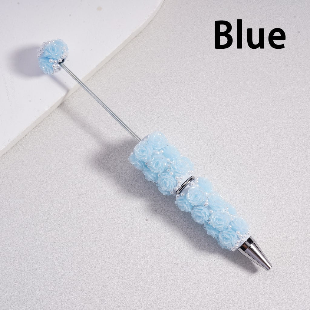Beadable Clay Pen with Shiny Glitter Flowers & White Pearls DIY Glam Stationery Accent