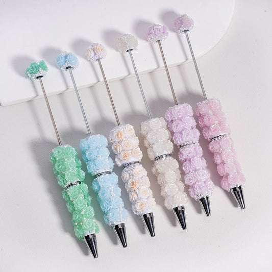Beadable Clay Pen with Shiny Glitter Flowers & White Pearls DIY Glam Stationery Accent