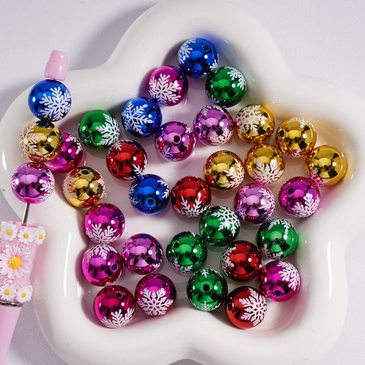 White Snow Flower Bling Bling Metallic Color Round Acrylic Beads, Random Mix, 16MM