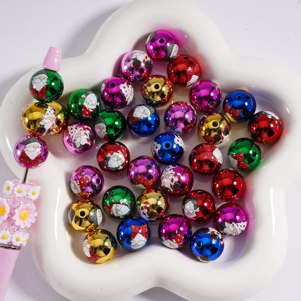 Bling Bling Metallic Color Santa Claus in Green Red Hat Round Acrylic Beads, Random Mix, 16MM