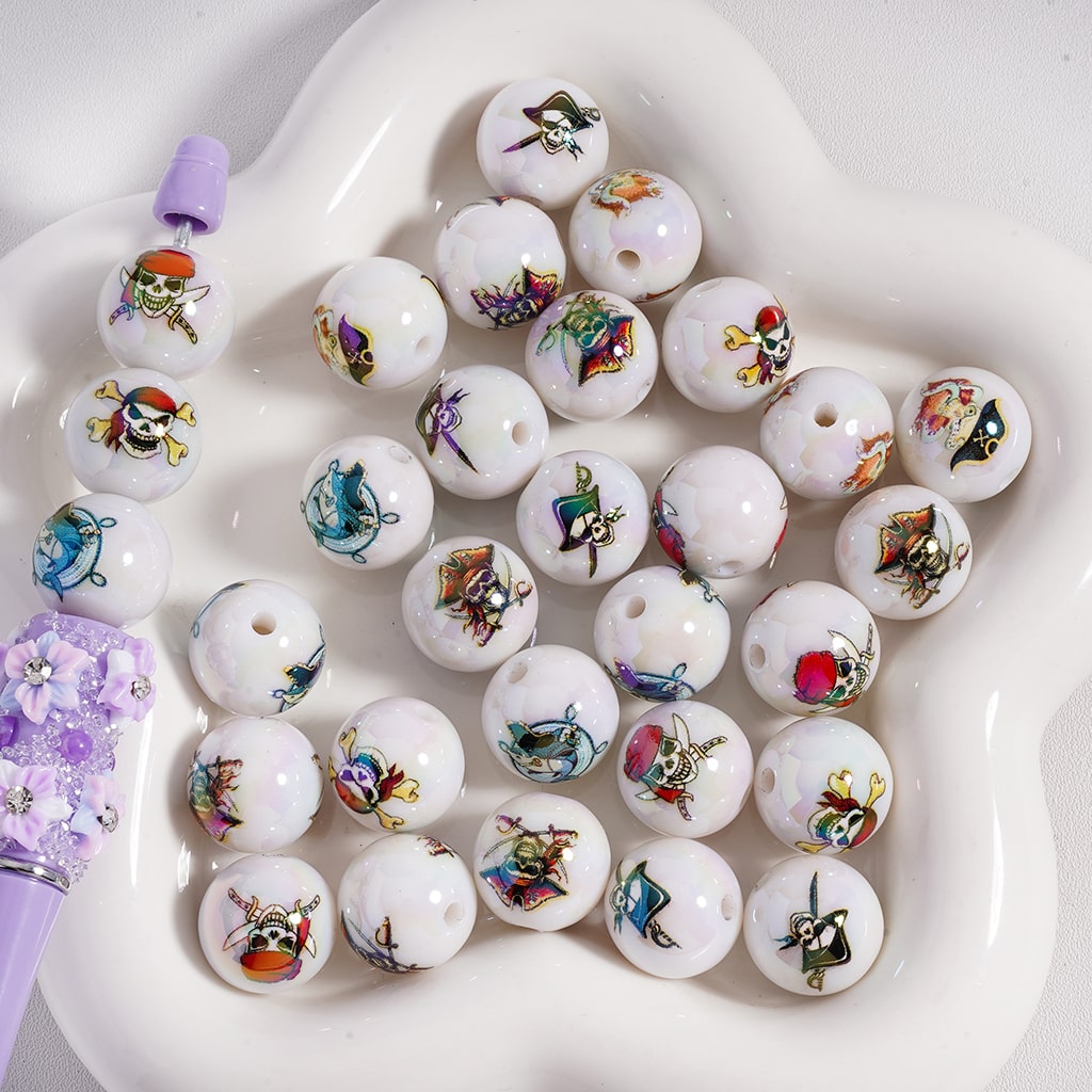UV Finish Pirates White Round Acrylic Beads, 16MM, Random Mix