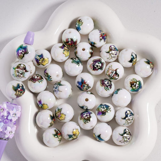 Scary Pirates Robbers White Round UV Finish Acrylic Beads, 16MM, Random Mix