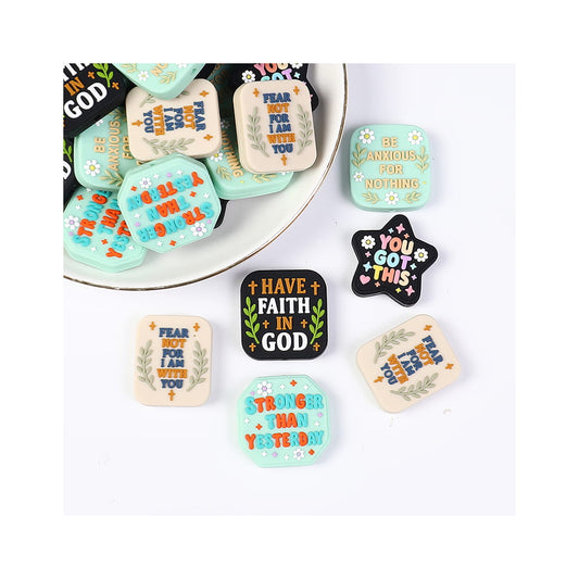 Motivational Message & Flower Design Flat Square, Rectangle, Star & Octagon Shape Silicone Focal Beads