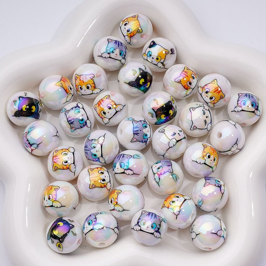 UV Coated Variety with Cute Playful Cat Design White Round Acrylic Beads, 16MM, Random Mix