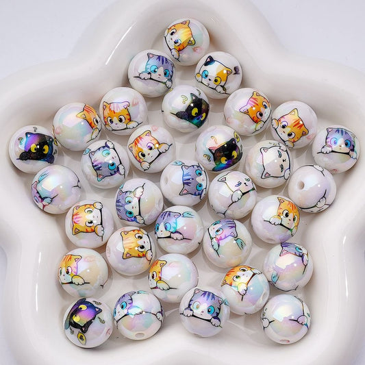 UV Coated Variety with Cute Playful Cat Design White Round Acrylic Beads, 16MM, Random Mix