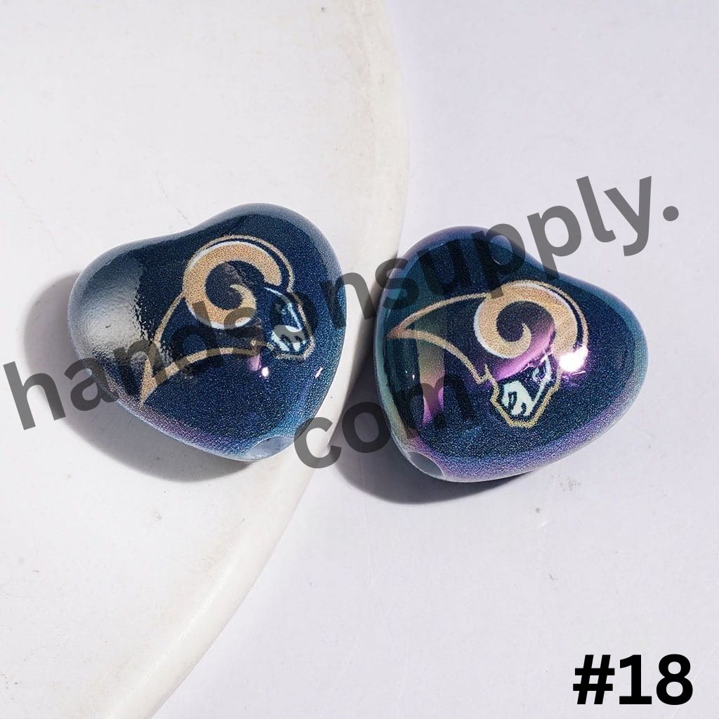 UV-Coated Heart-Shaped American Football Team Logo Series Acrylic Beads, 18*20MM