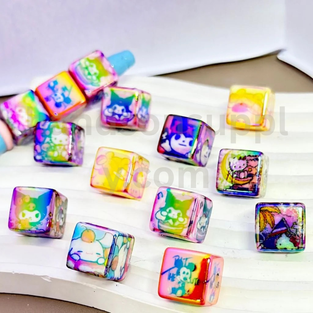 Adorable Character Cartoon Theme Cube Square 14MM Random Mix UV Finish Acrylic Beads