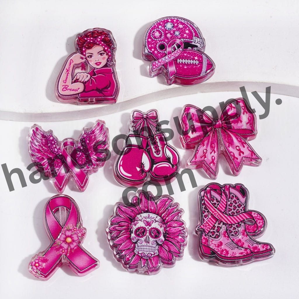 Pancreatic Cancer Awareness Silk Ribbon Designs with Butterfly and Flower Patterns Semi-Clear Acrylic Beads in Pink and Red Tones, Random Mix