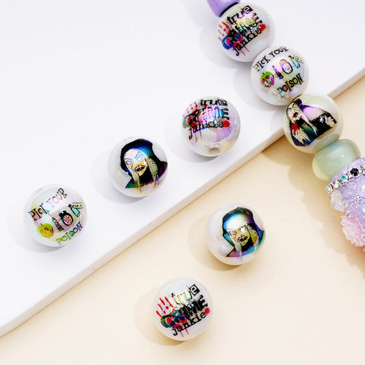 UV Coating White Acrylic Beads with Poison Prints, Random Mix, 16MM