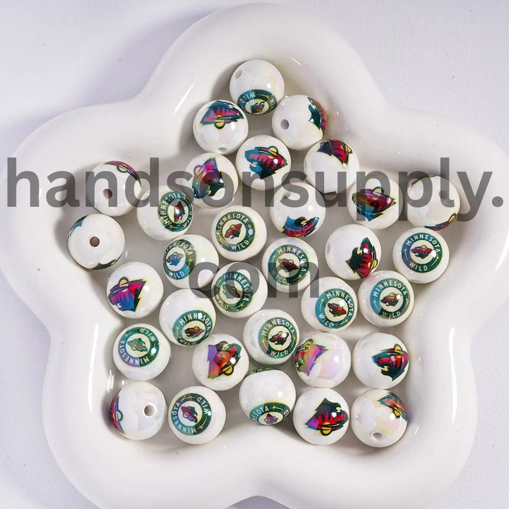 Round UV Coating Ice Hockey Team Pattern Acrylic Beads for Bracelets, 16MM