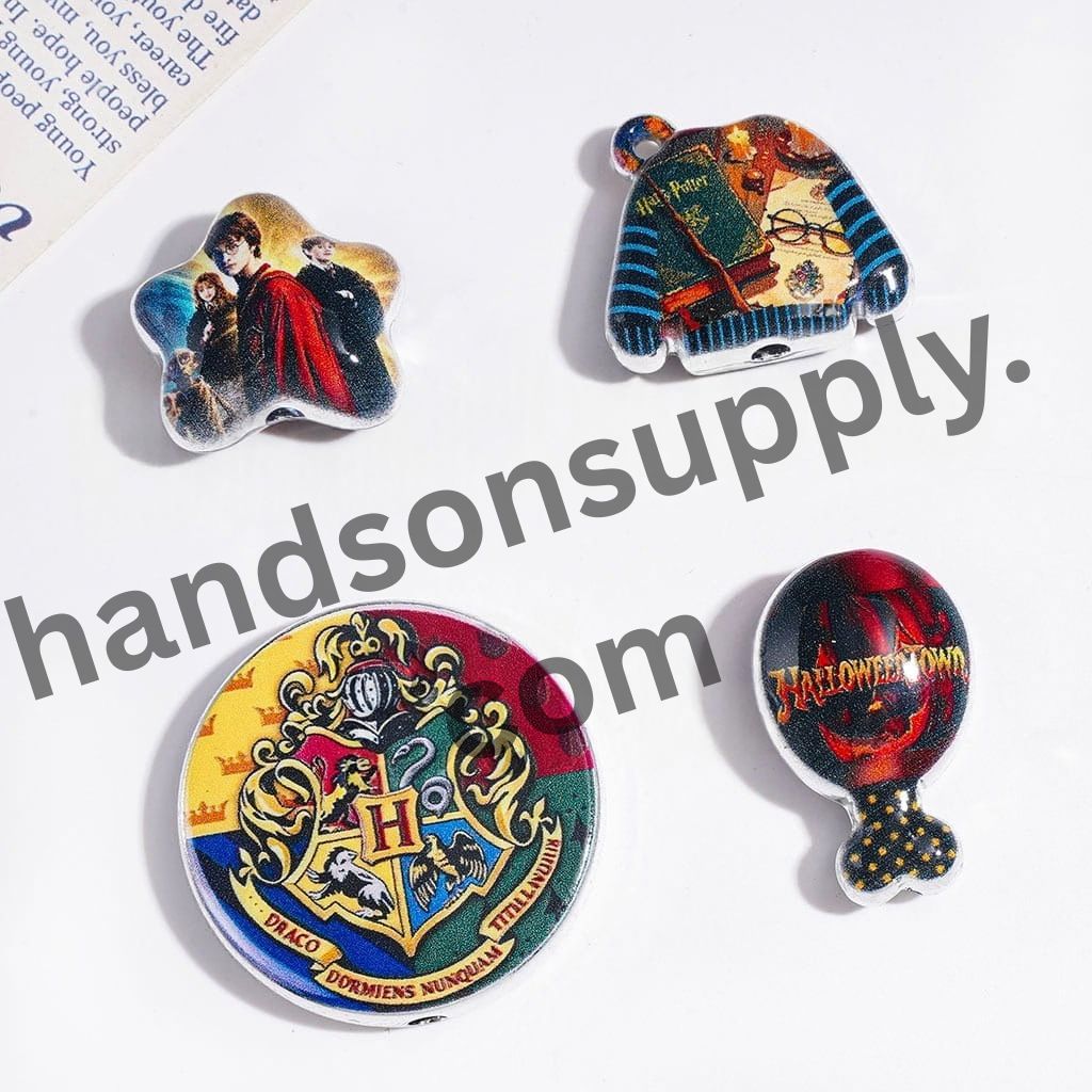 Magical Wizard Boy Character Theme with Silver-Tone Borders Acrylic Beads & Pendants, Random Mix