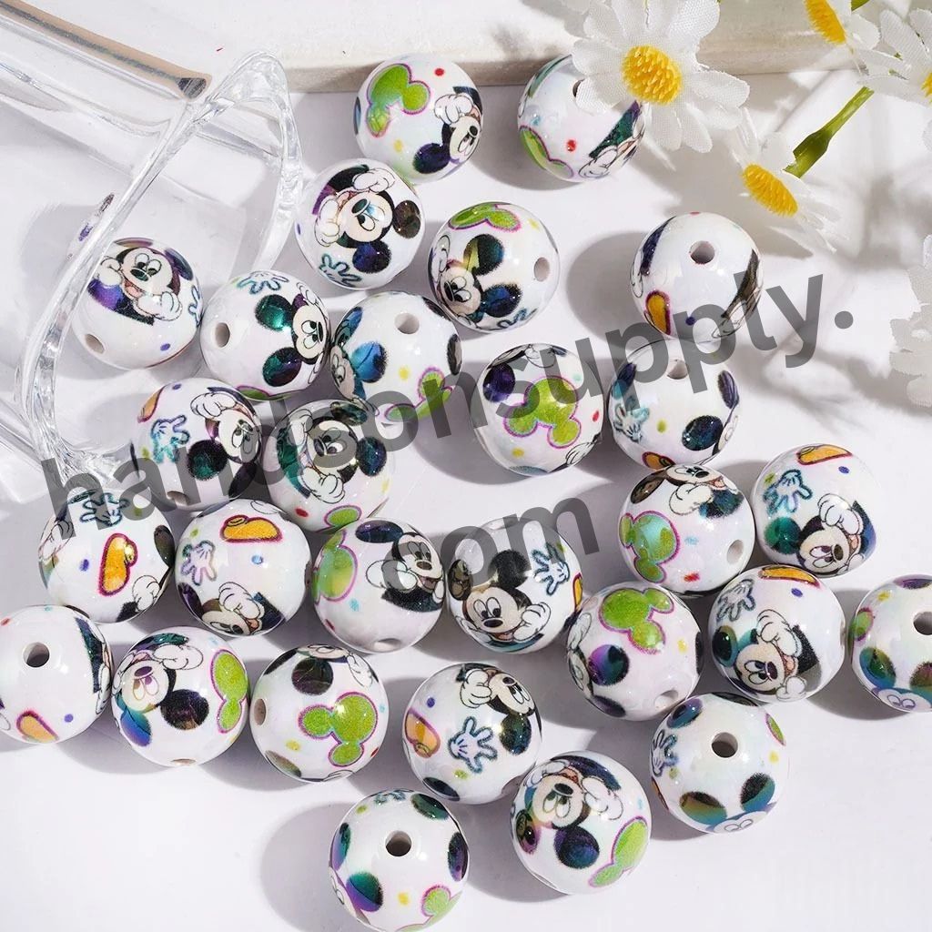 UV-Coated Playful Classic Mouse Character with Shoes, Hand & Head Designs, Printed Round Acrylic Beads, 16MM, Random Mix