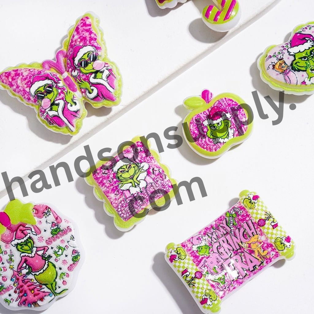 Festive Green Christmas Character Designs in Pink Series Acrylic Beads & Pendants, Random Mix