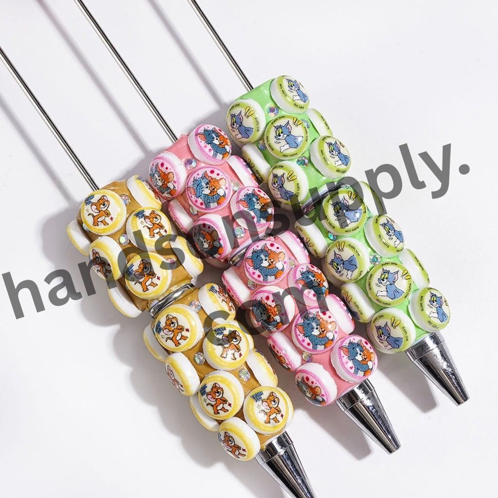 Cute Cat and Mouse Characters with Sparkling AB Rhinestones Flat Round Design Beadable Clay Pen, Multicolor