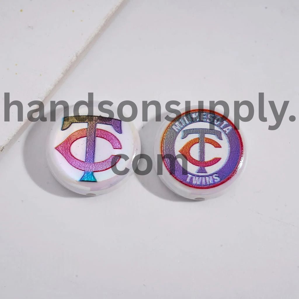 UV Coating with Sports American Baseball Series Acrylic Beads, Around 24MM, Flat Round Shape