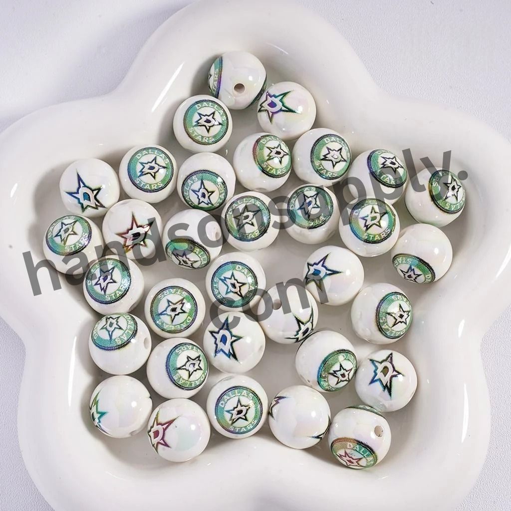 Round with UV Coating Ice Hockey Team Pattern Acrylic Beads for Bracelets, 16MM