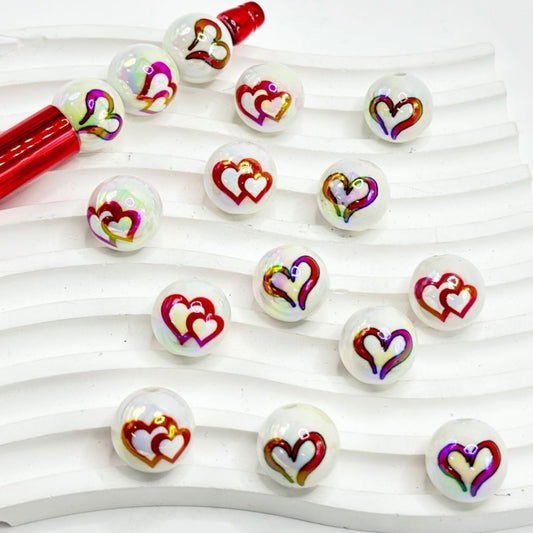 White Round UV Finish Red Hearts Love Valentines Acrylic Beads, 16MM