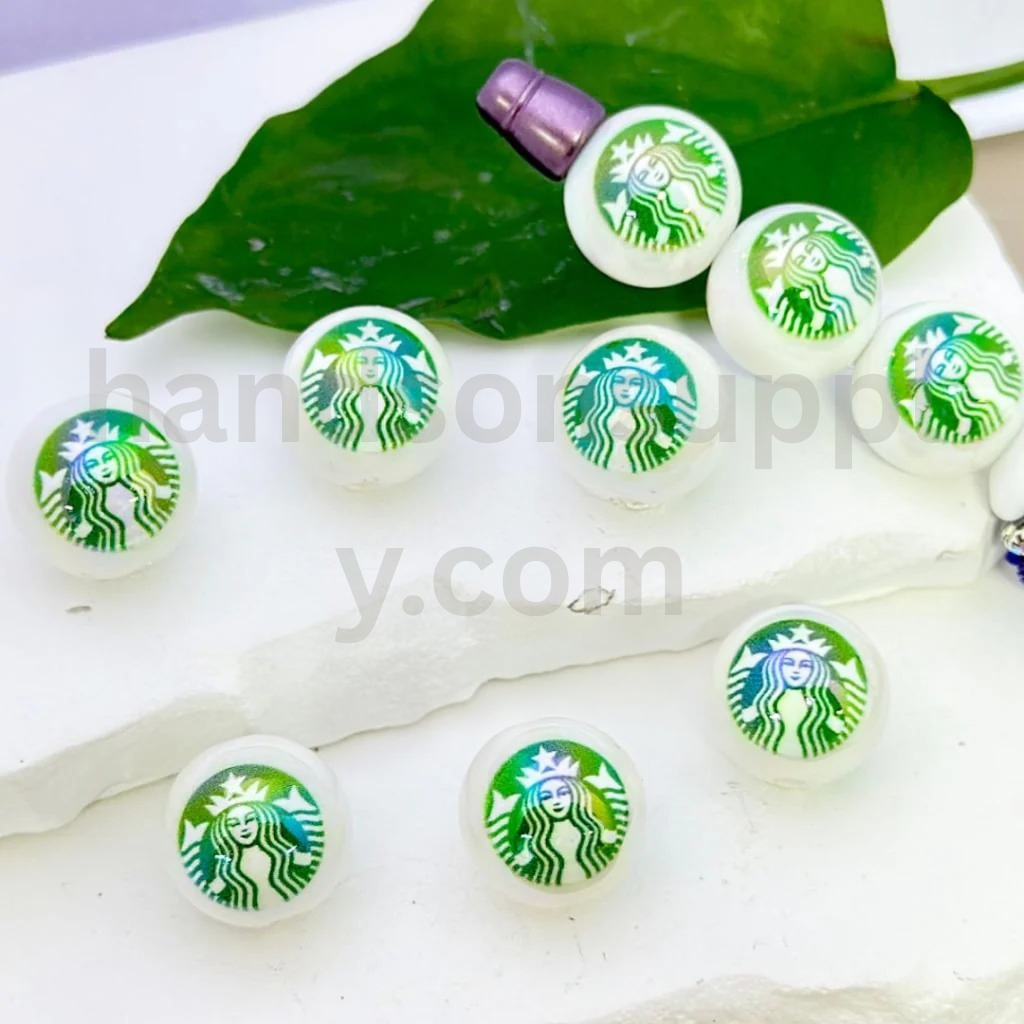 Coffee Theme Starbuc Design White Round 16MM UV Finish Acrylic Beads