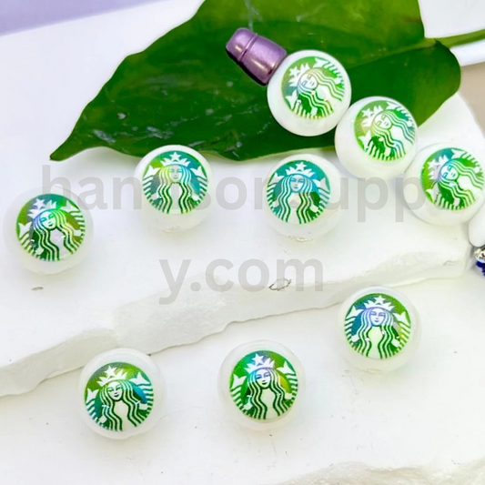 Coffee Theme Starbuc Design White Round 16MM UV Finish Acrylic Beads