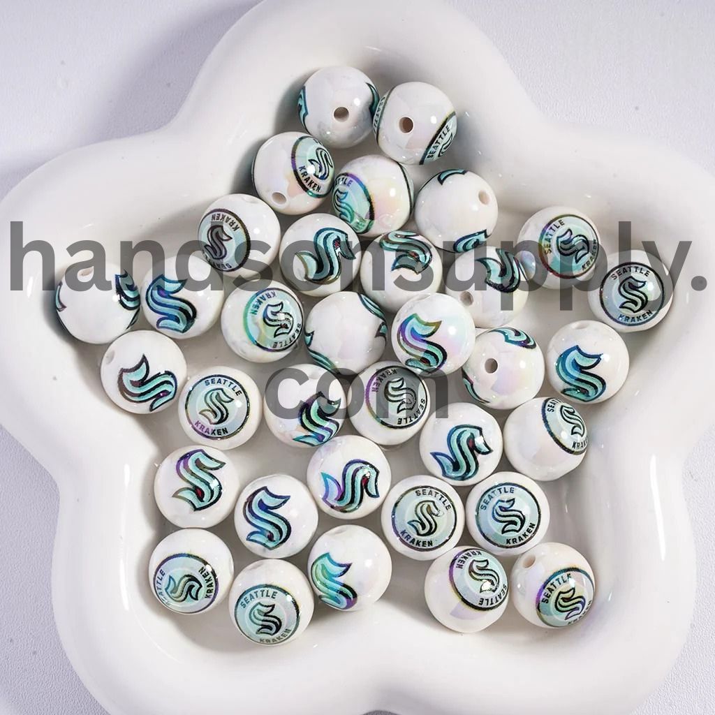 Round UV Coating Ice Hockey Team Pattern Acrylic Beads for Bracelets, 16MM