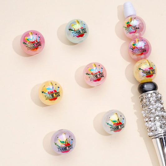 Round Thank You Teacher Jelly Color Acrylic Beads, Random Mix, 16MM