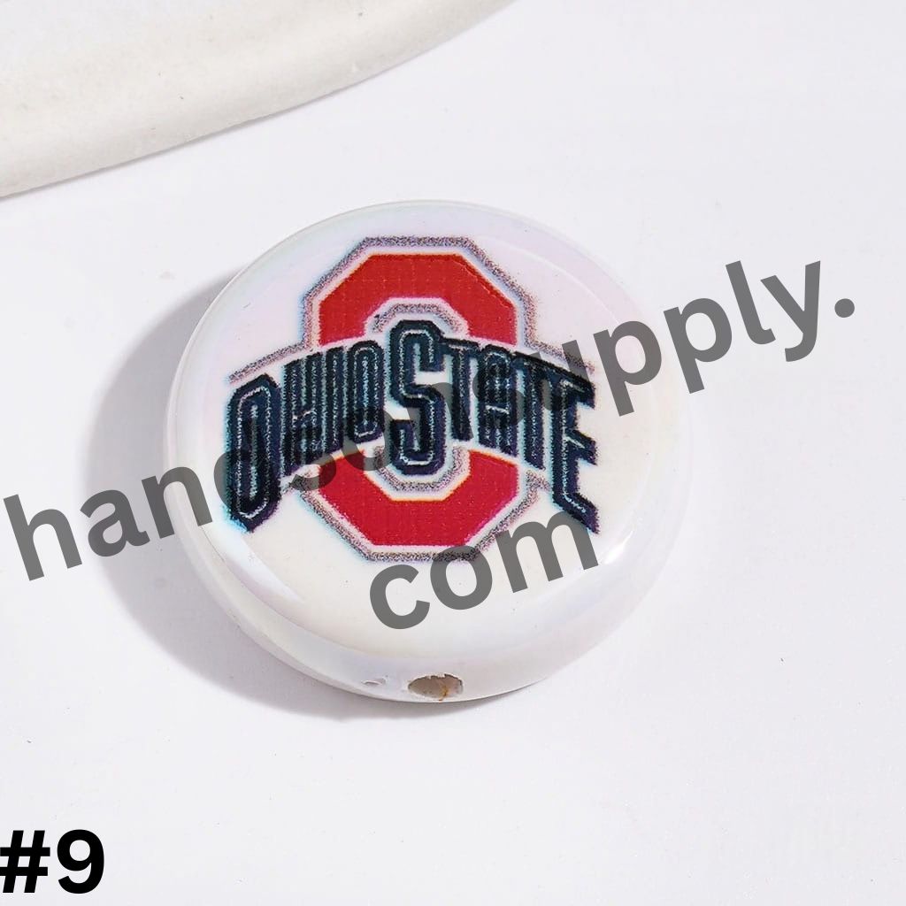 UV-Coated American College Sports Football Team Logo Series Flat Round Acrylic Beads, 23MM
