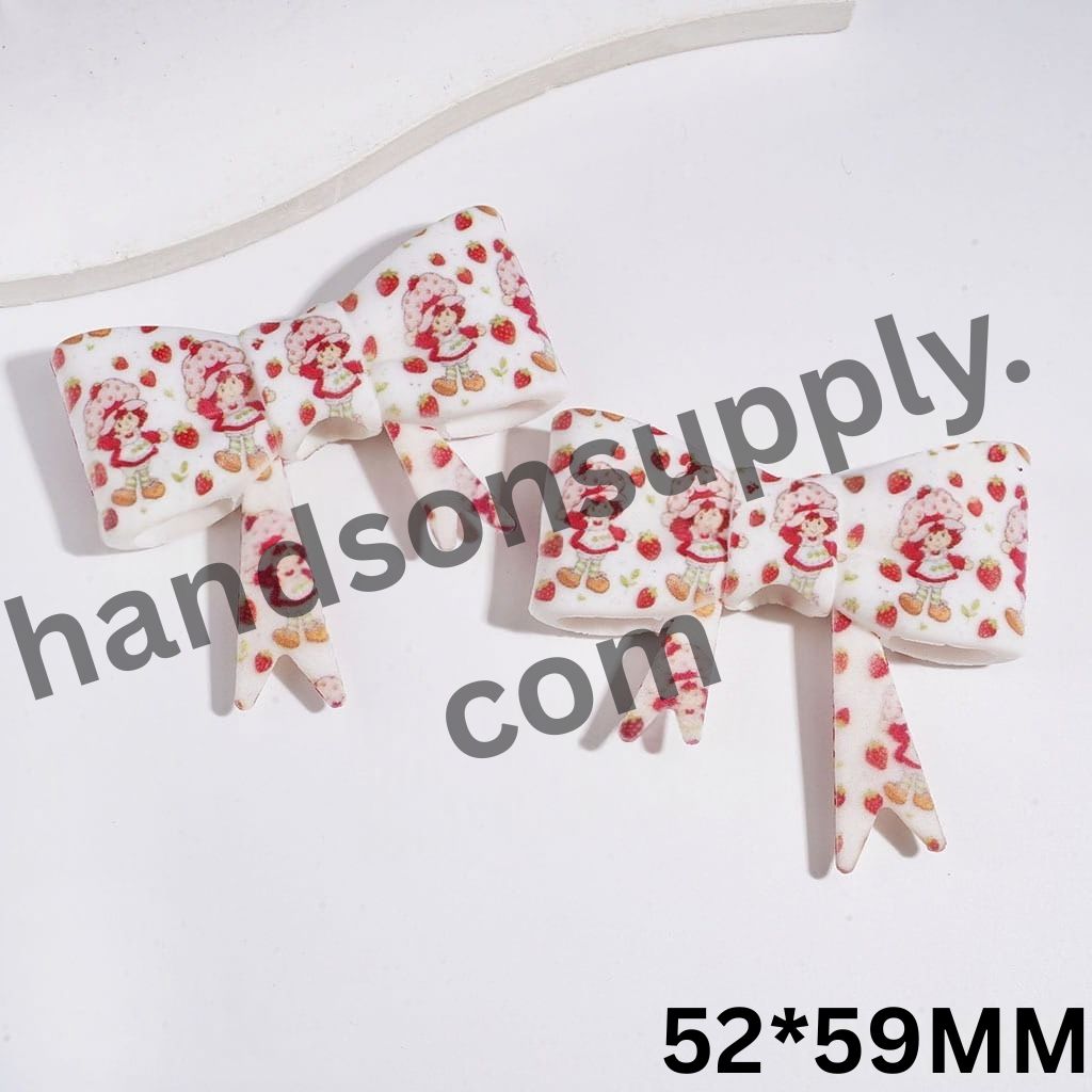 Adorable Strawberry & Girl Portrait UV-Printed Soft Bowtie Shape Silicone Focal Beads, 52*59MM
