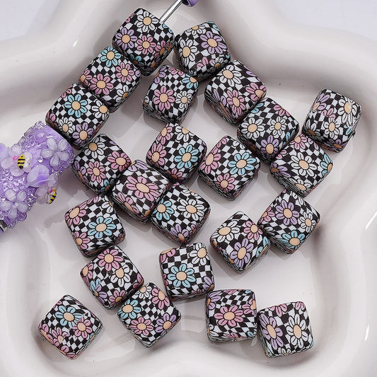 Printed Cube Square Green White Daisy Flower Cute Silicone Beads 14MM