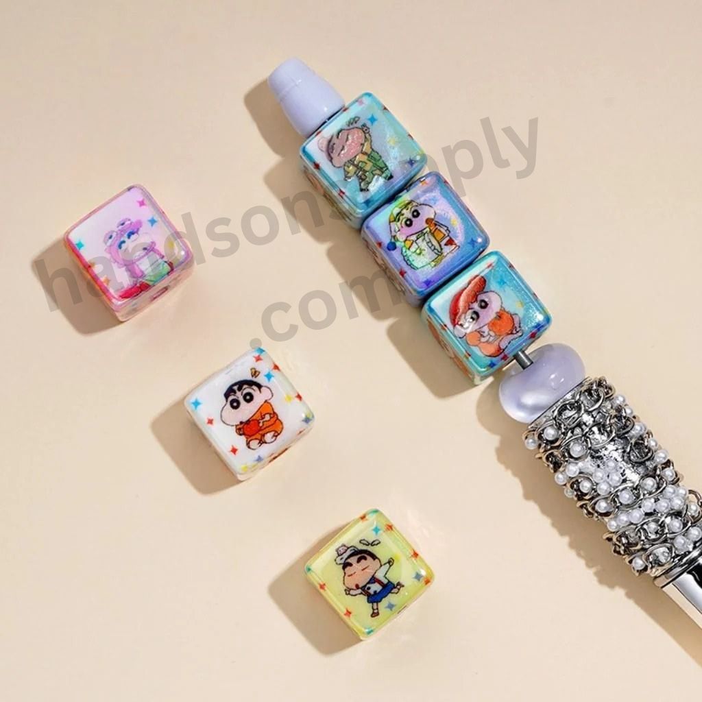UV Coating Glossy Cute Square Crayon Colorful Shin-cha Cube Acrylic Beads, 14MM, Random Mix
