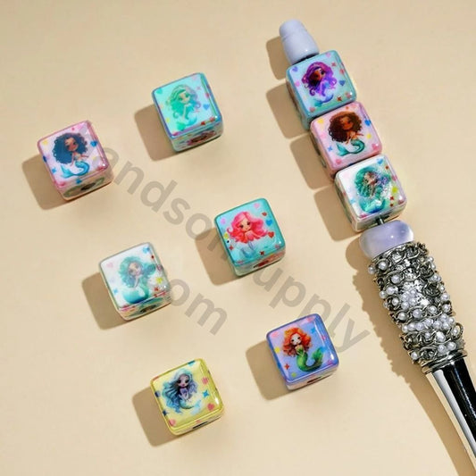 UV Coating Sparkling Shine Cute Mermaid Series Cube Square Acrylic Beads, 14MM, Random Mix