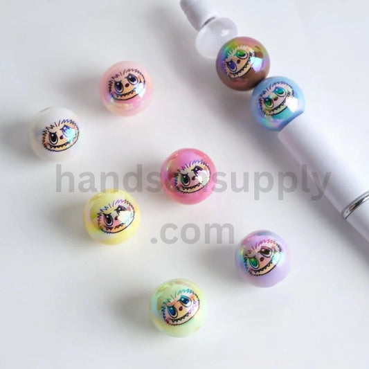 UV Coating Colorful Labub Pop Mar Glossy Round Acrylic Beads, 16MM, Random Mix