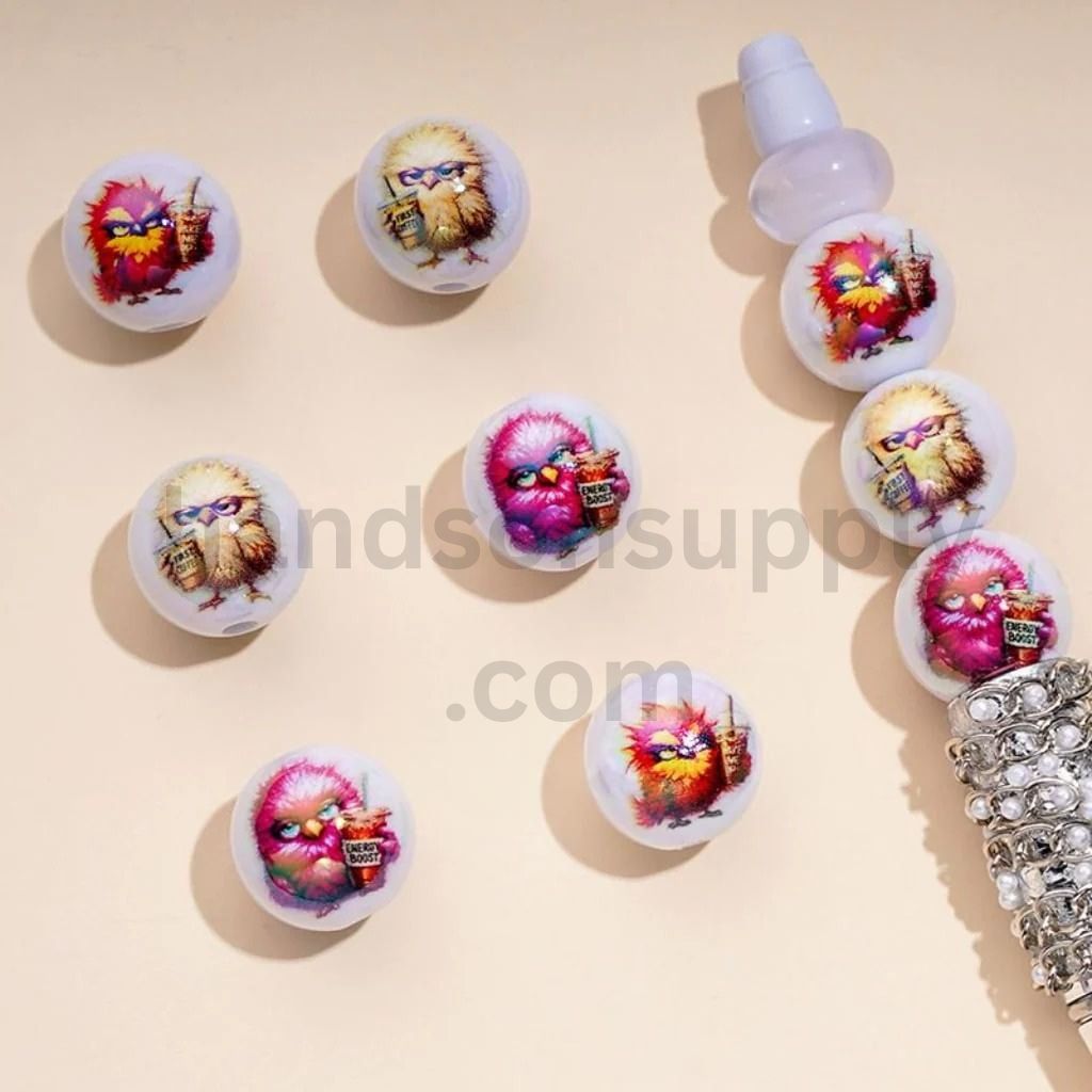 UV Coating Large Owl Angry Bir White Round Acrylic Beads, 16MM, Random Mix