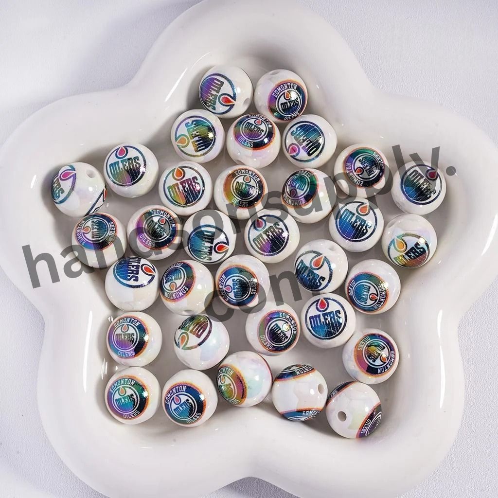 Round with UV Coating Ice Hockey Team Pattern Acrylic Beads for Bracelets, 16MM