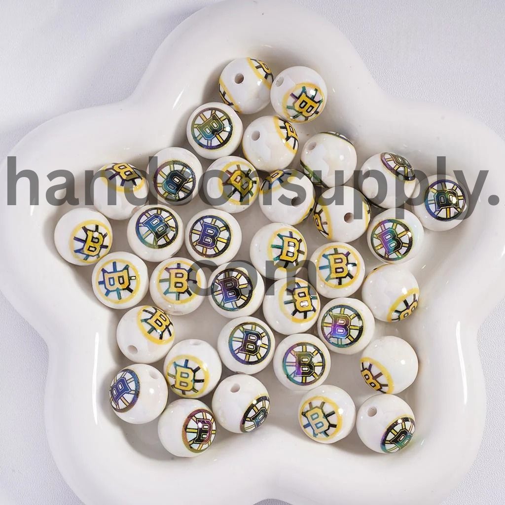 Round UV Coating Ice Hockey Team Pattern Acrylic Beads for Bracelets, 16MM