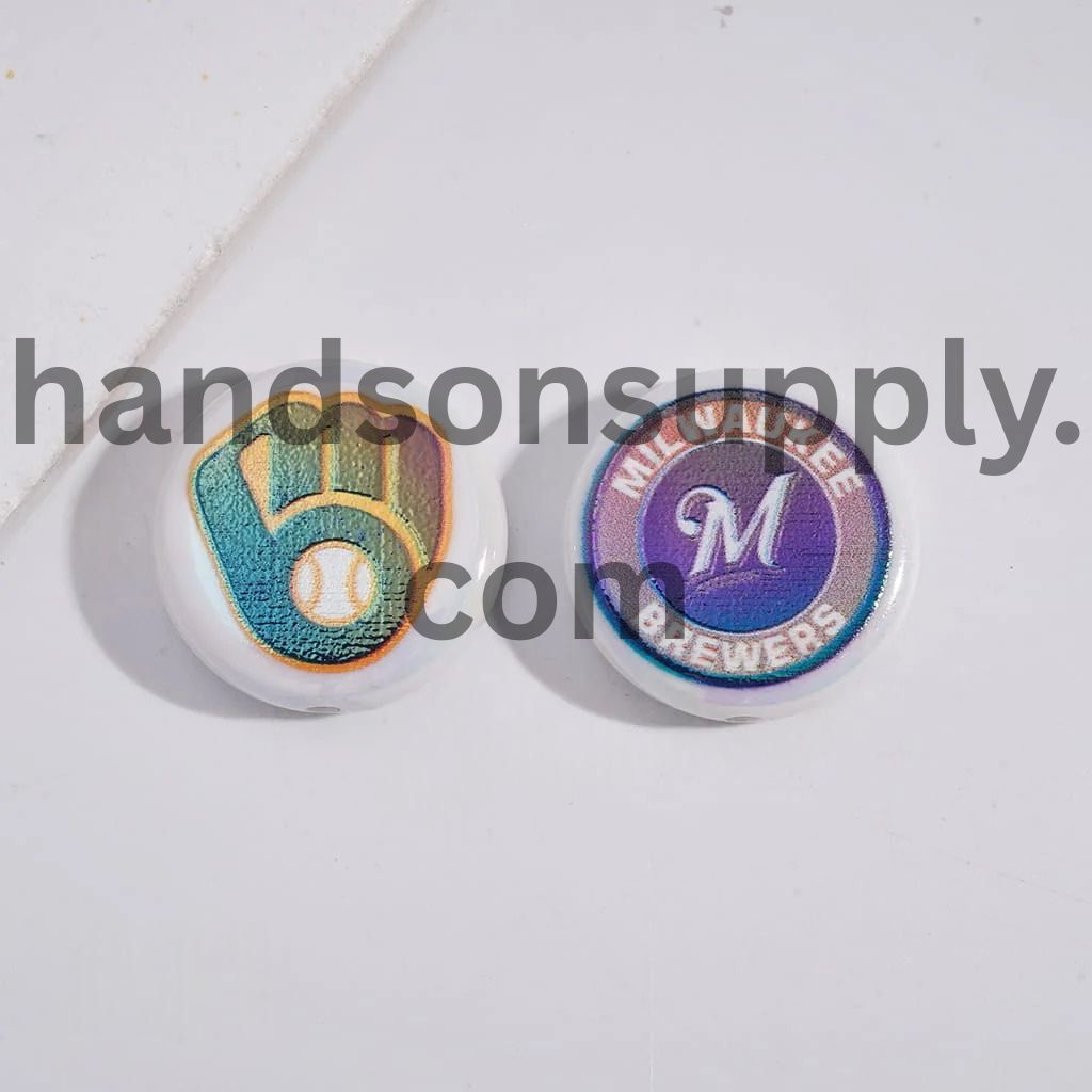 UV Coating with Sports American Baseball Series Acrylic Beads, Around 24MM, Flat Round Shape