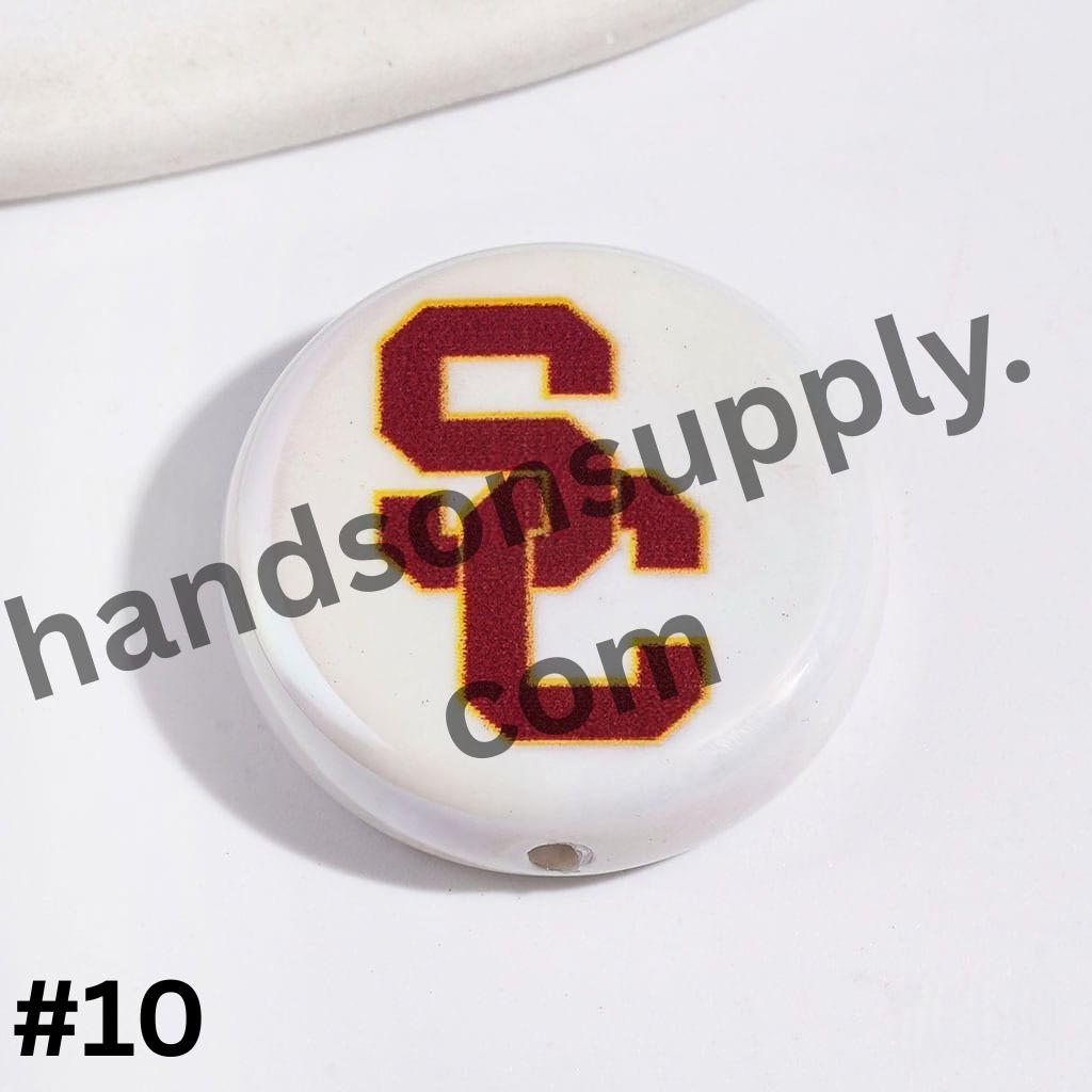 UV-Coated American College Sports Football Team Logo Series Flat Round Acrylic Beads, 23MM